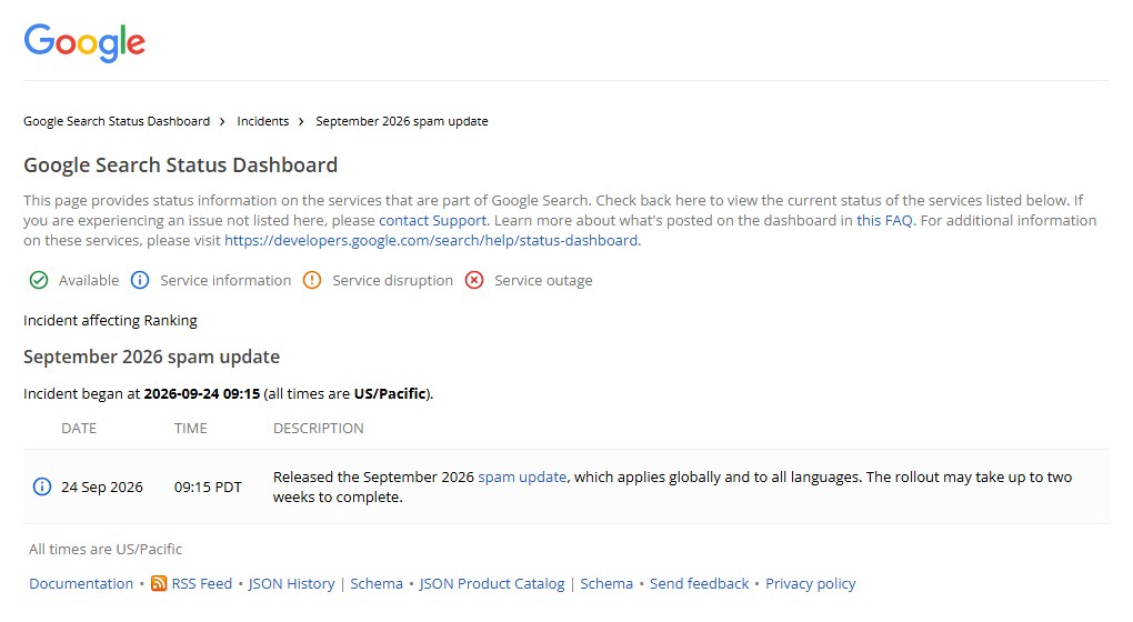 Google September 2026 Spam Update: Timeline And What To Do 3 Google Search Status Dashboard showing the Google September 2026 spam update released on 24 September 2026